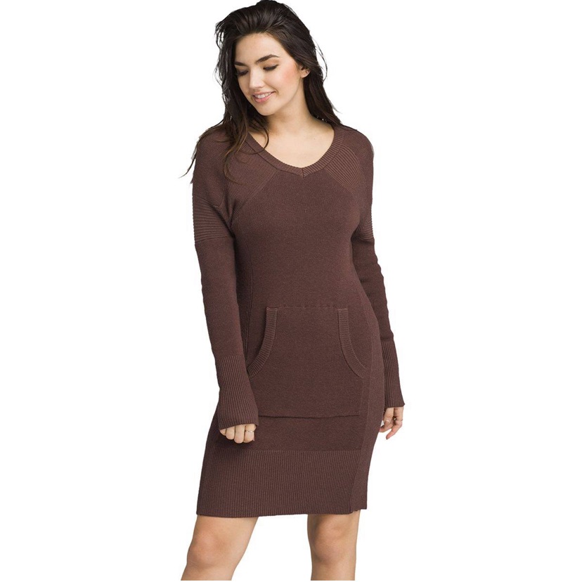 Prana Avalone Knit Sweater Dress Long Sleeve V-Neck Wedgewood Brown Sz Medium